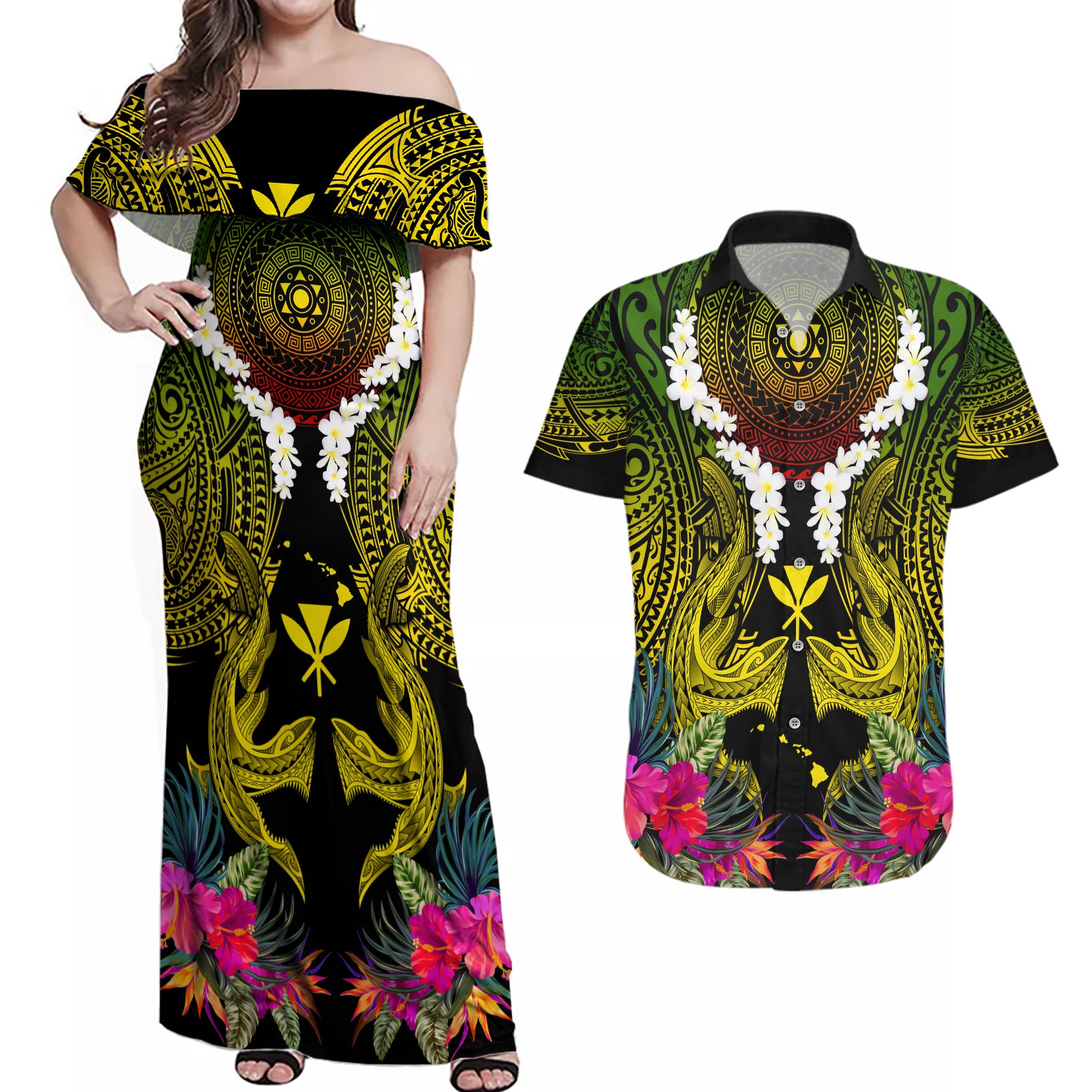 Hawaii Kanaka Maoli Couples Matching Off Shoulder Maxi Dress and Hawaiian Shirt Double Shark and Hibiscus Flowers