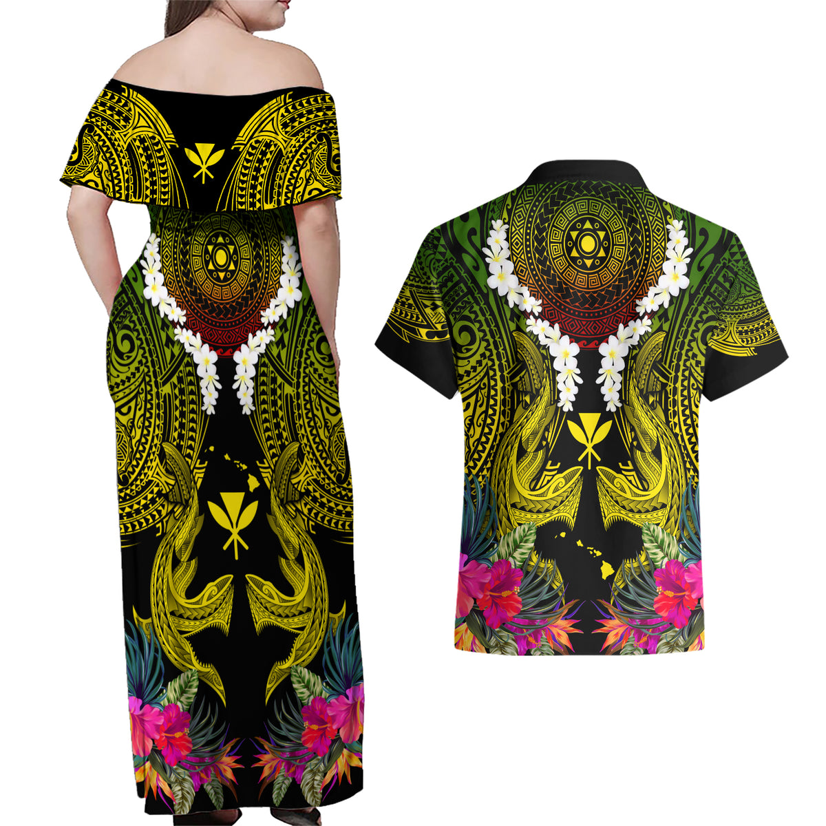 Hawaii Kanaka Maoli Couples Matching Off Shoulder Maxi Dress and Hawaiian Shirt Double Shark and Hibiscus Flowers
