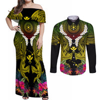Hawaii Kanaka Maoli Couples Matching Off Shoulder Maxi Dress and Long Sleeve Button Shirt Double Shark and Hibiscus Flowers