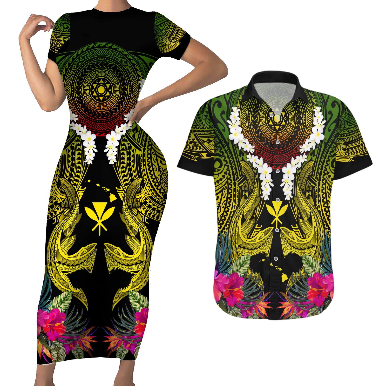 Hawaii Kanaka Maoli Couples Matching Short Sleeve Bodycon Dress and Hawaiian Shirt Double Shark and Hibiscus Flowers