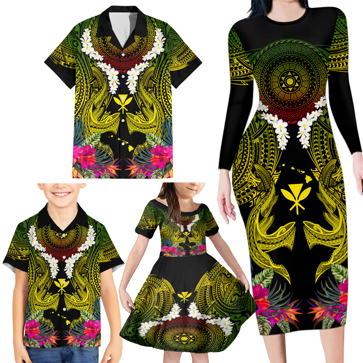 Hawaii Kanaka Maoli Family Matching Long Sleeve Bodycon Dress and Hawaiian Shirt Double Shark and Hibiscus Flowers