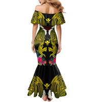 Hawaii Kanaka Maoli Family Matching Mermaid Dress and Hawaiian Shirt Double Shark and Hibiscus Flowers