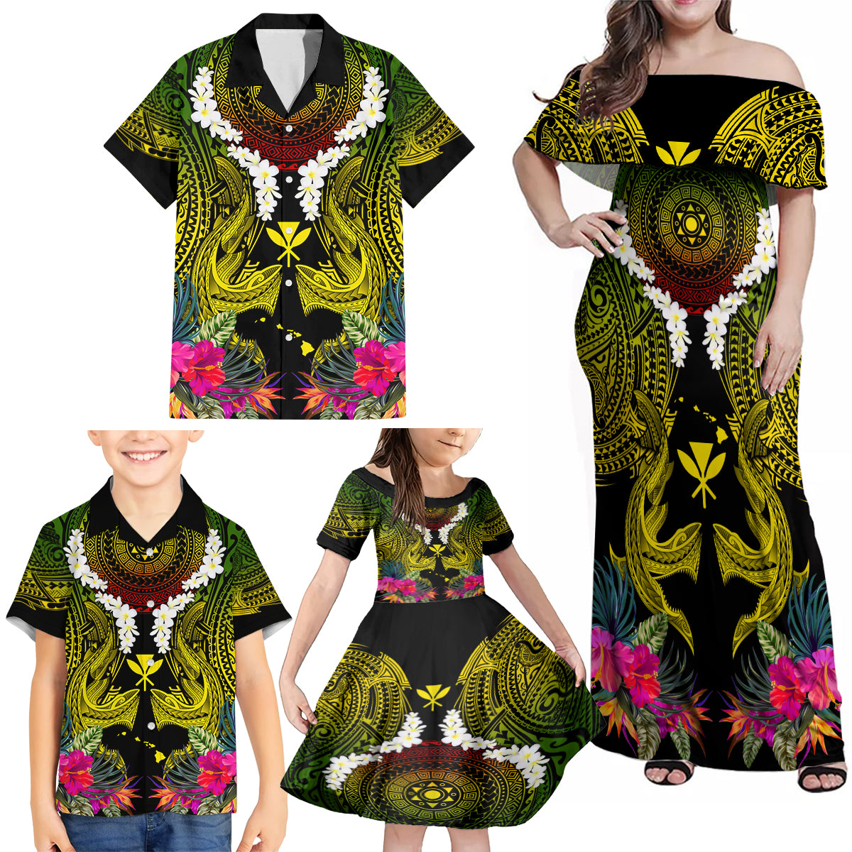 Hawaii Kanaka Maoli Family Matching Off Shoulder Maxi Dress and Hawaiian Shirt Double Shark and Hibiscus Flowers