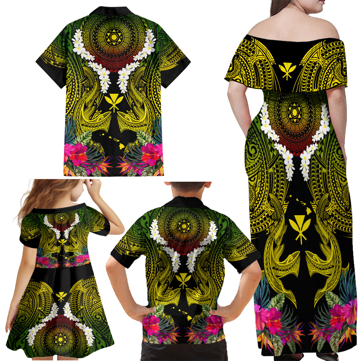 Hawaii Kanaka Maoli Family Matching Off Shoulder Maxi Dress and Hawaiian Shirt Double Shark and Hibiscus Flowers