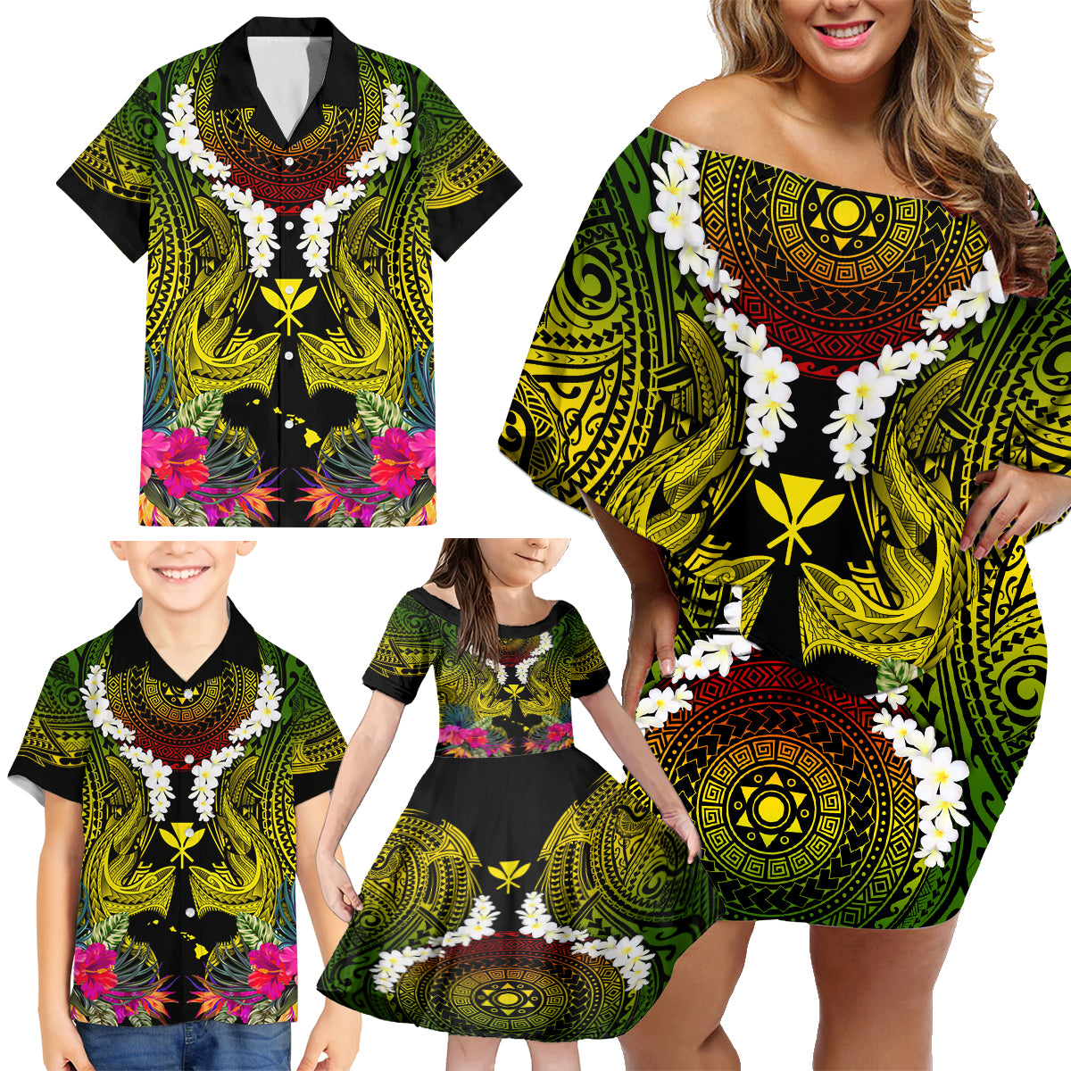 Hawaii Kanaka Maoli Family Matching Off Shoulder Short Dress and Hawaiian Shirt Double Shark and Hibiscus Flowers