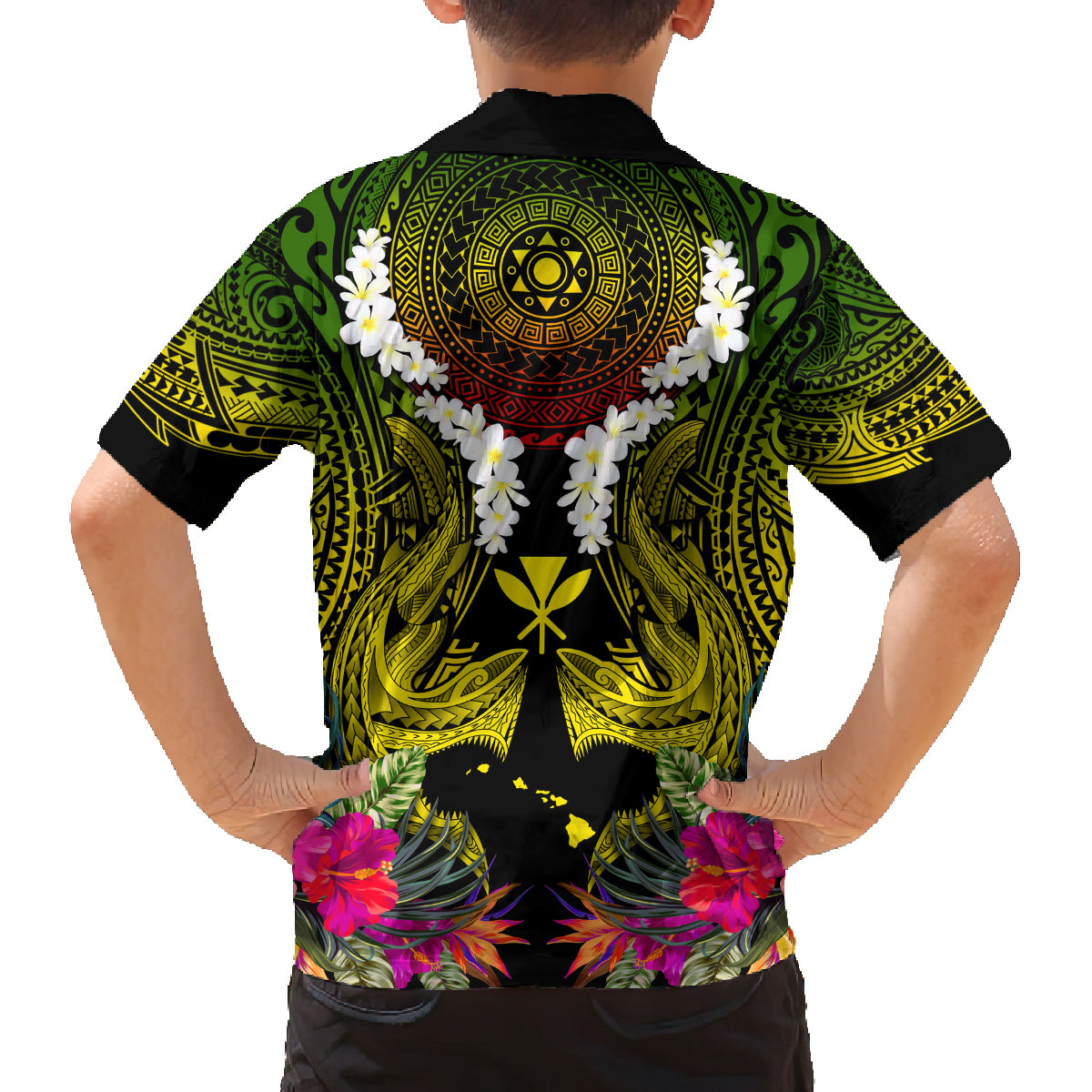 Hawaii Kanaka Maoli Family Matching Puletasi and Hawaiian Shirt Double Shark and Hibiscus Flowers