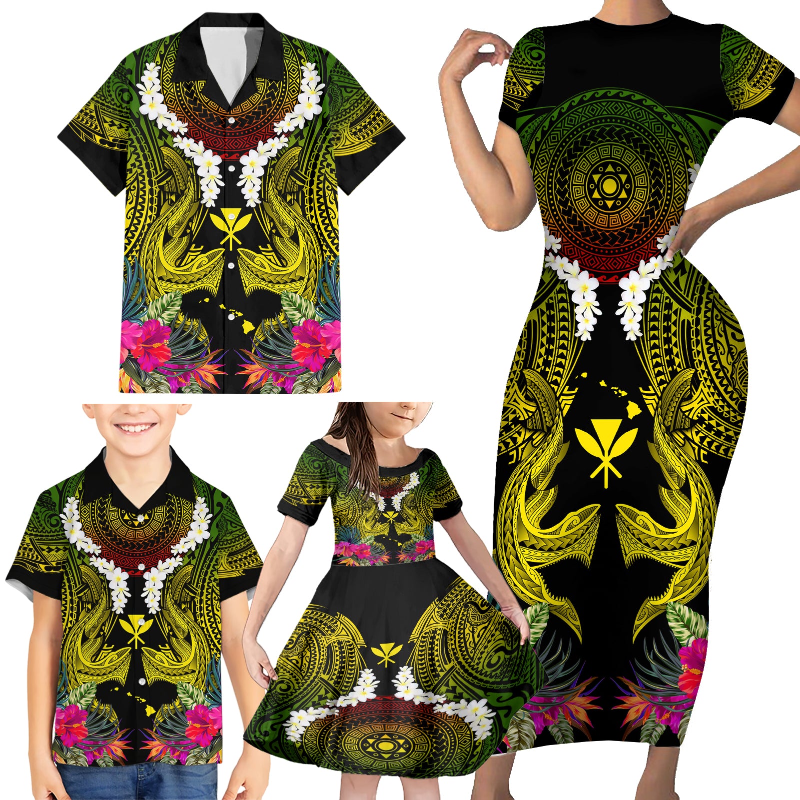 Hawaii Kanaka Maoli Family Matching Short Sleeve Bodycon Dress and Hawaiian Shirt Double Shark and Hibiscus Flowers