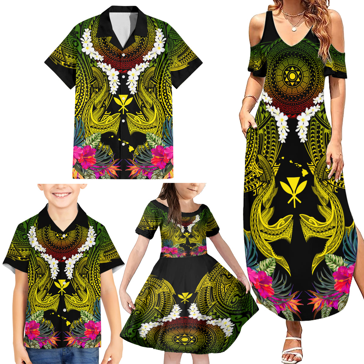 Hawaii Kanaka Maoli Family Matching Summer Maxi Dress and Hawaiian Shirt Double Shark and Hibiscus Flowers