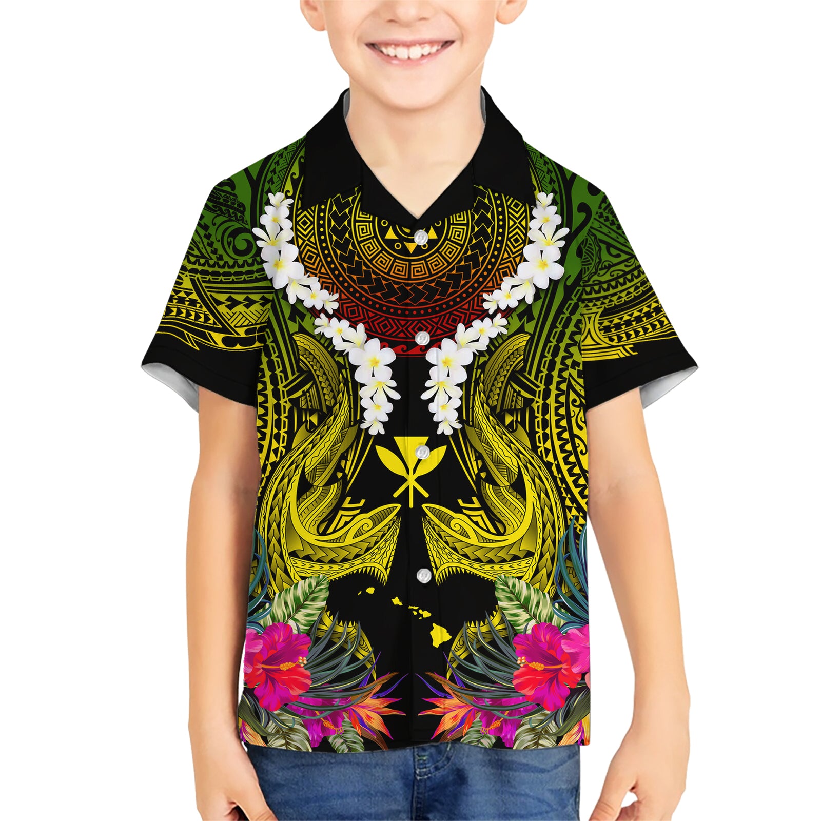 Hawaii Kanaka Maoli Kid Hawaiian Shirt Double Shark and Hibiscus Flowers