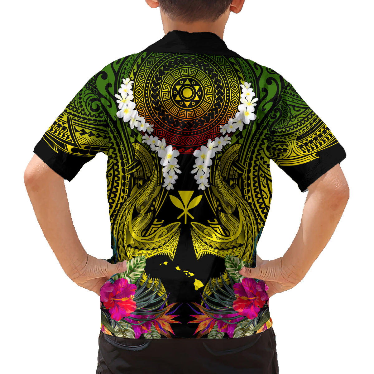 Hawaii Kanaka Maoli Kid Hawaiian Shirt Double Shark and Hibiscus Flowers