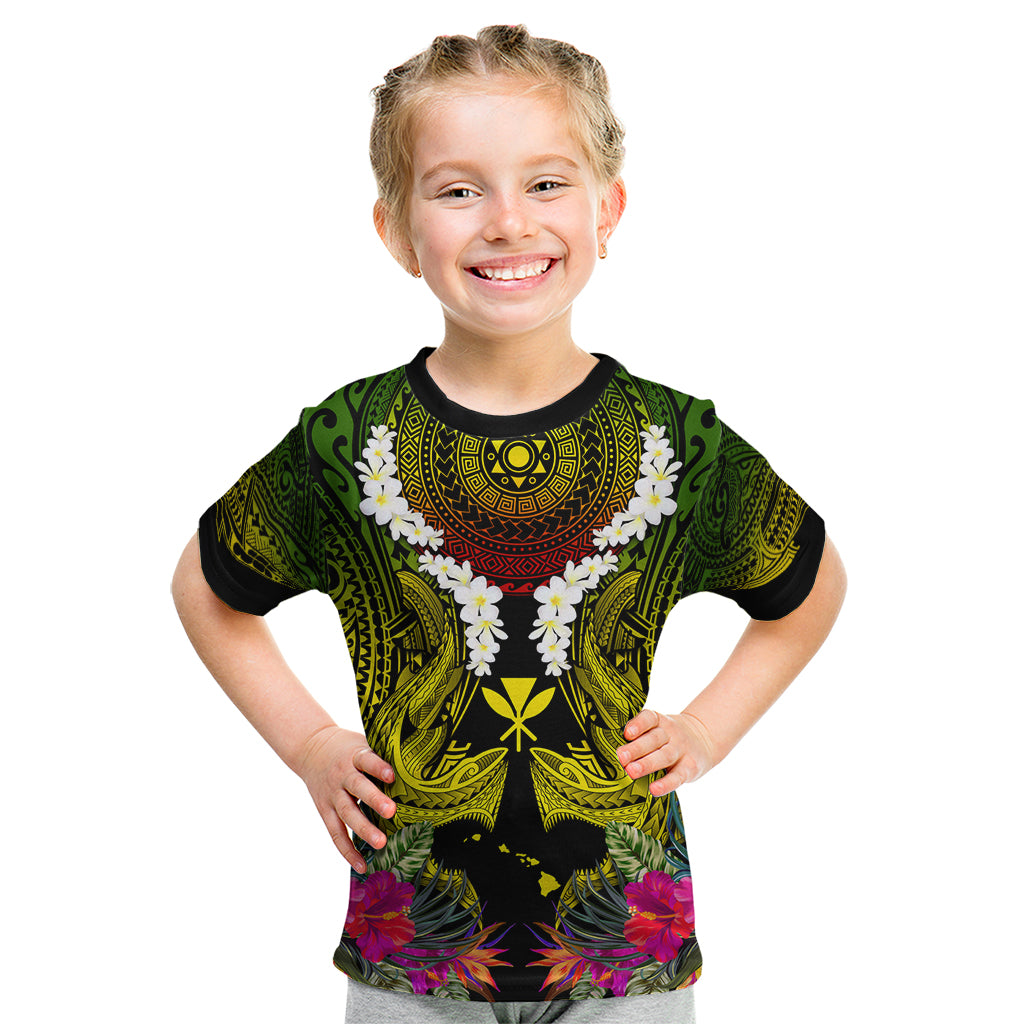 Hawaii Kanaka Maoli Kid T Shirt Double Shark and Hibiscus Flowers