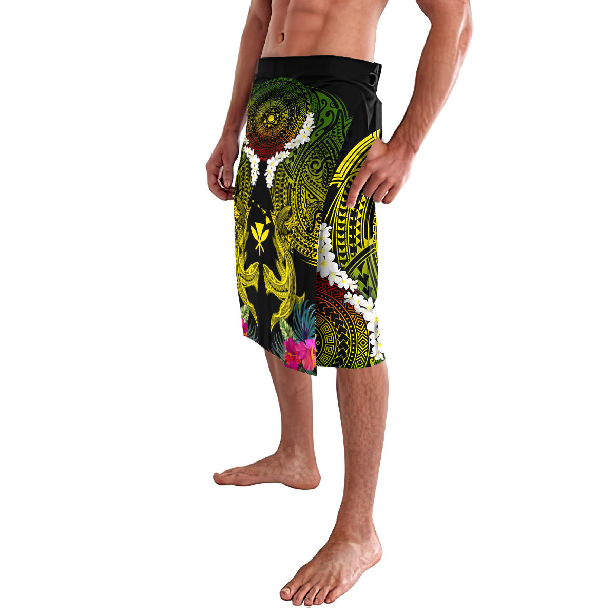 Hawaii Kanaka Maoli Lavalava Double Shark and Hibiscus Flowers
