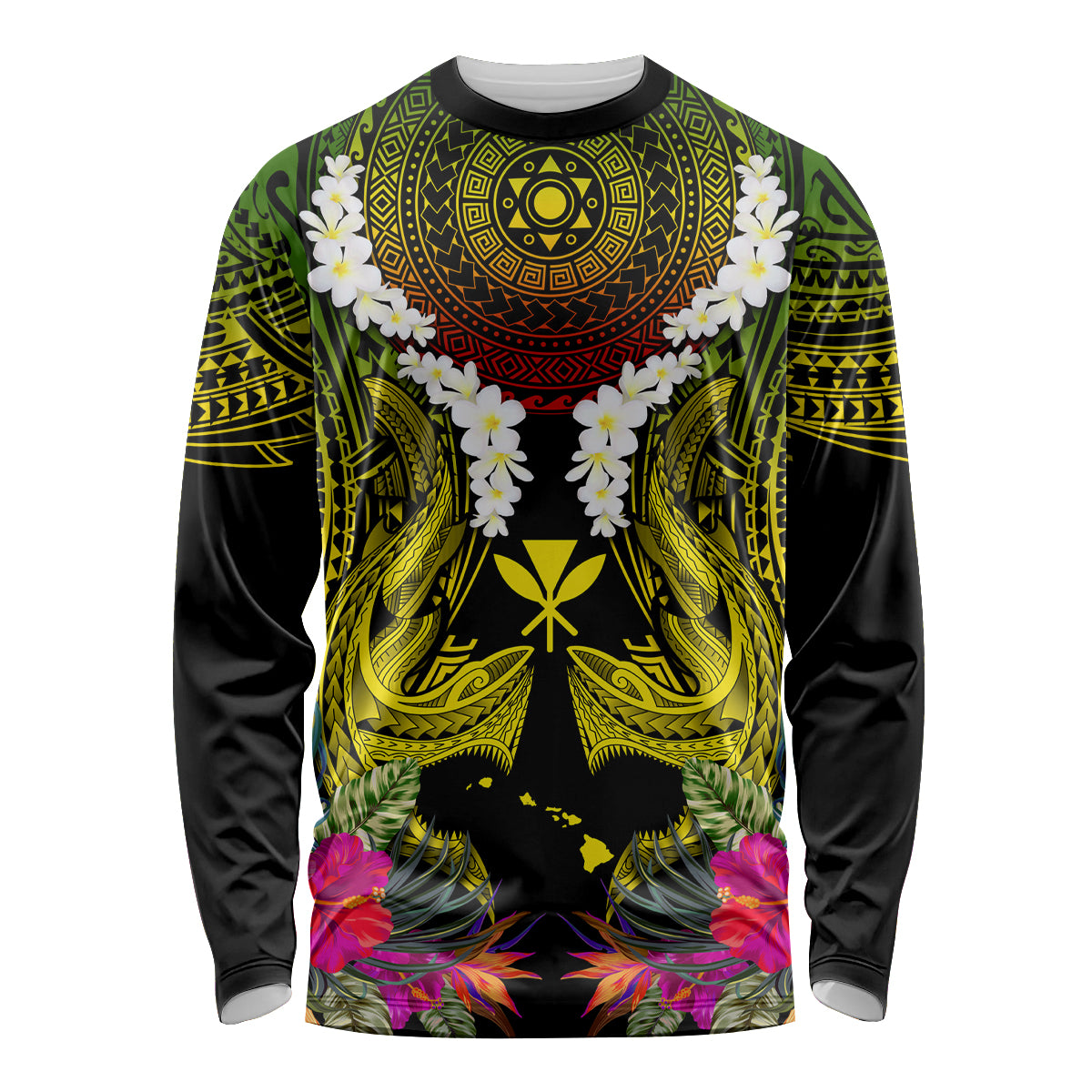 Hawaii Kanaka Maoli Long Sleeve Shirt Double Shark and Hibiscus Flowers