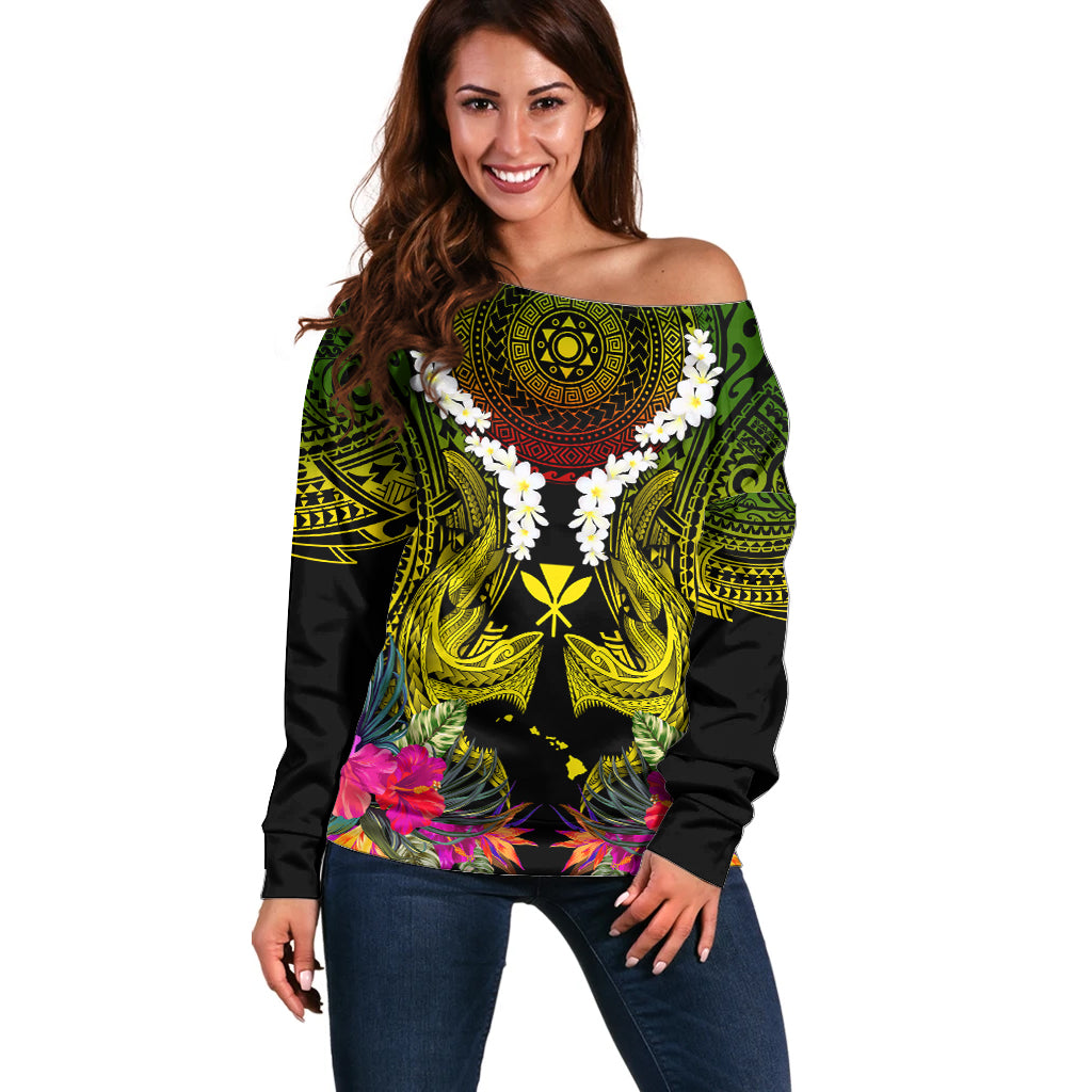 Hawaii Kanaka Maoli Off Shoulder Sweater Double Shark and Hibiscus Flowers