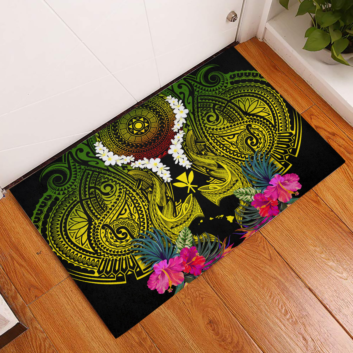Hawaii Kanaka Maoli Rubber Doormat Double Shark and Hibiscus Flowers
