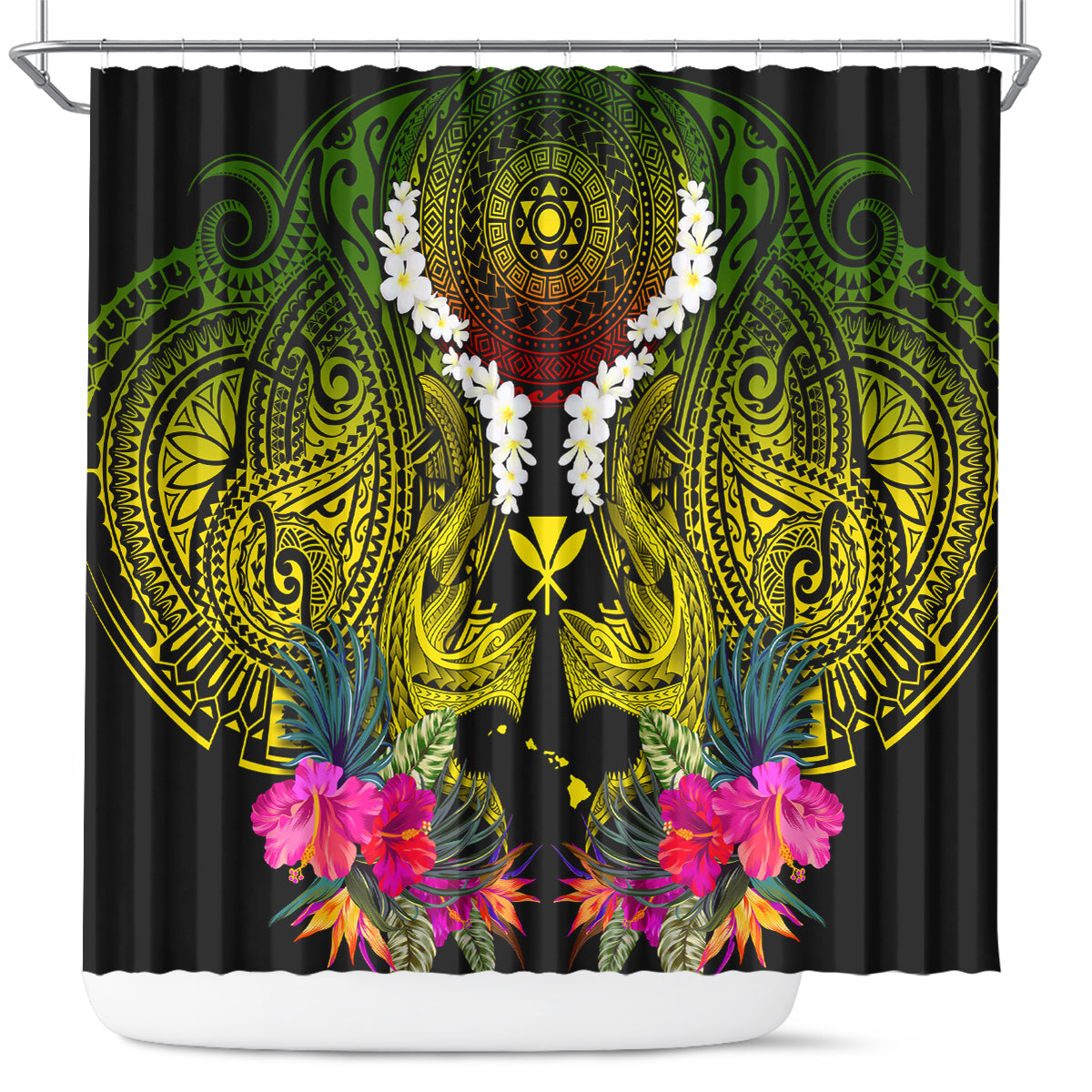 Hawaii Kanaka Maoli Shower Curtain Double Shark and Hibiscus Flowers