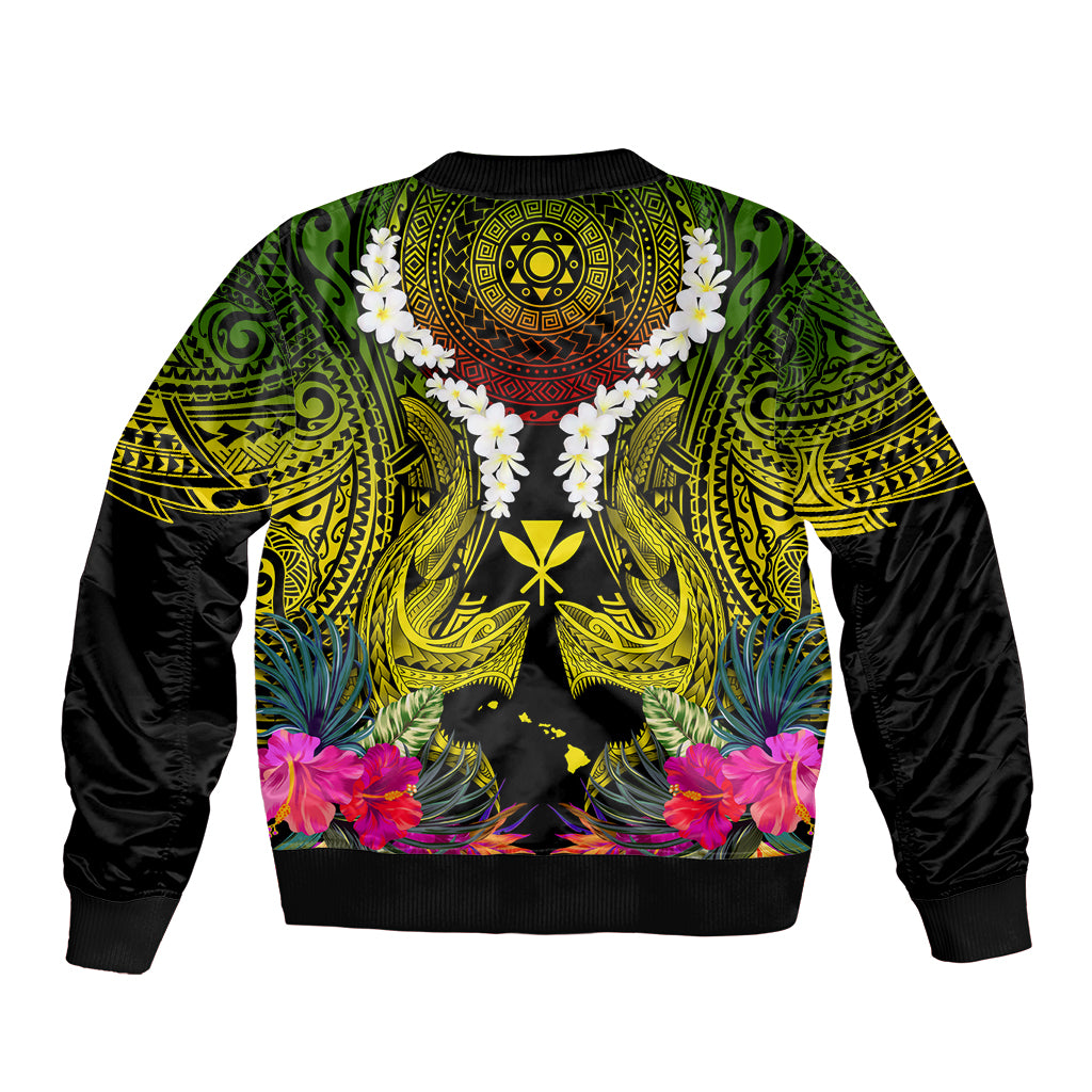 Hawaii Kanaka Maoli Sleeve Zip Bomber Jacket Double Shark and Hibiscus Flowers