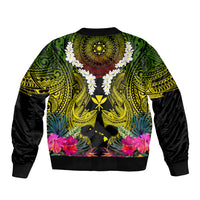 Hawaii Kanaka Maoli Sleeve Zip Bomber Jacket Double Shark and Hibiscus Flowers