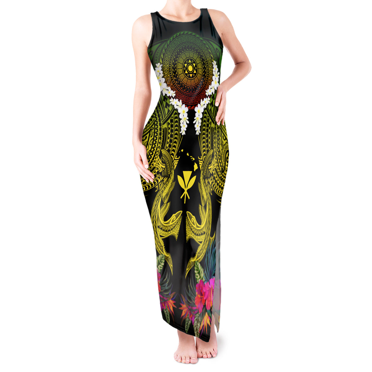 Hawaii Kanaka Maoli Tank Maxi Dress Double Shark and Hibiscus Flowers