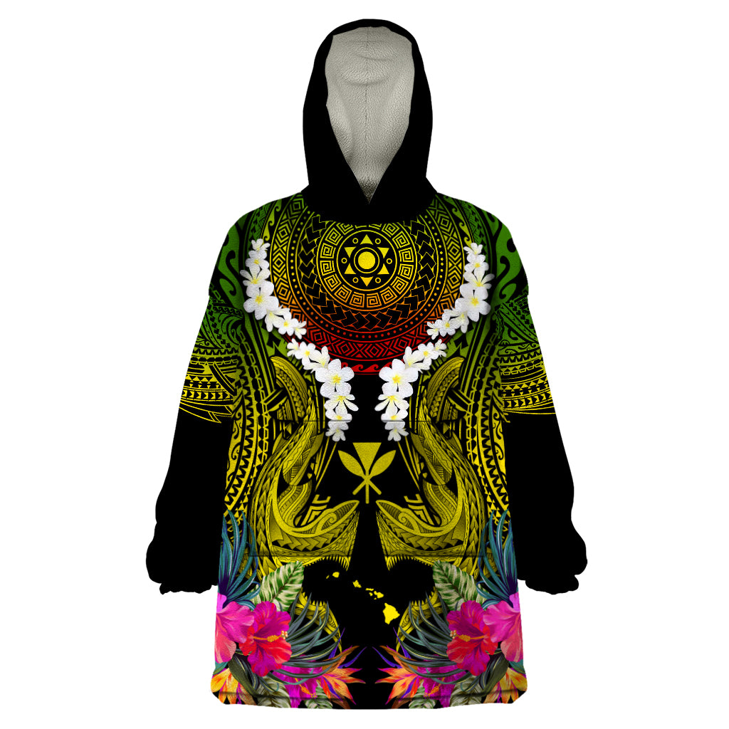 Hawaii Kanaka Maoli Wearable Blanket Hoodie Double Shark and Hibiscus Flowers