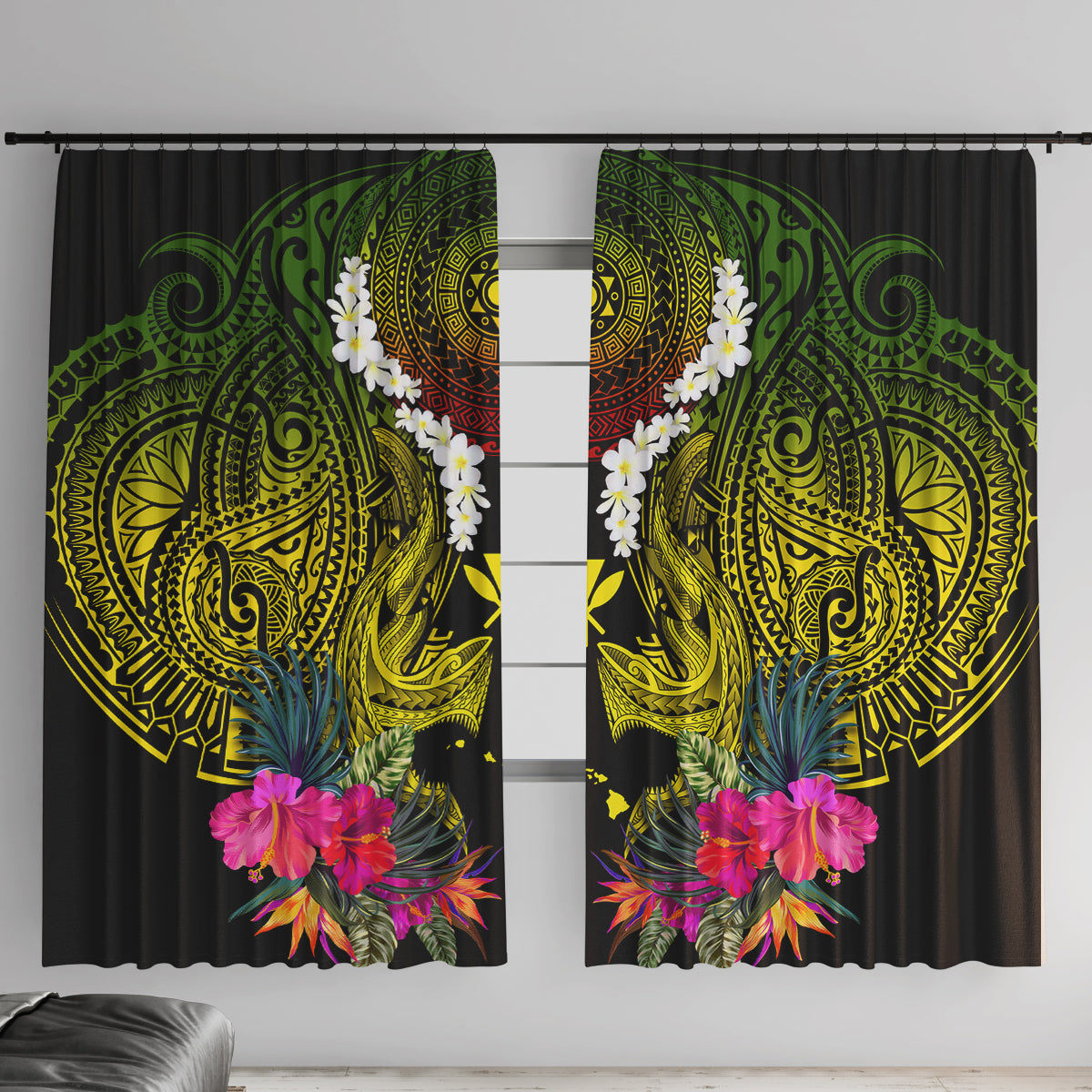 Hawaii Kanaka Maoli Window Curtain Double Shark and Hibiscus Flowers