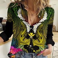 Hawaii Kanaka Maoli Women Casual Shirt Double Shark and Hibiscus Flowers