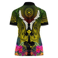 Hawaii Kanaka Maoli Women Polo Shirt Double Shark and Hibiscus Flowers