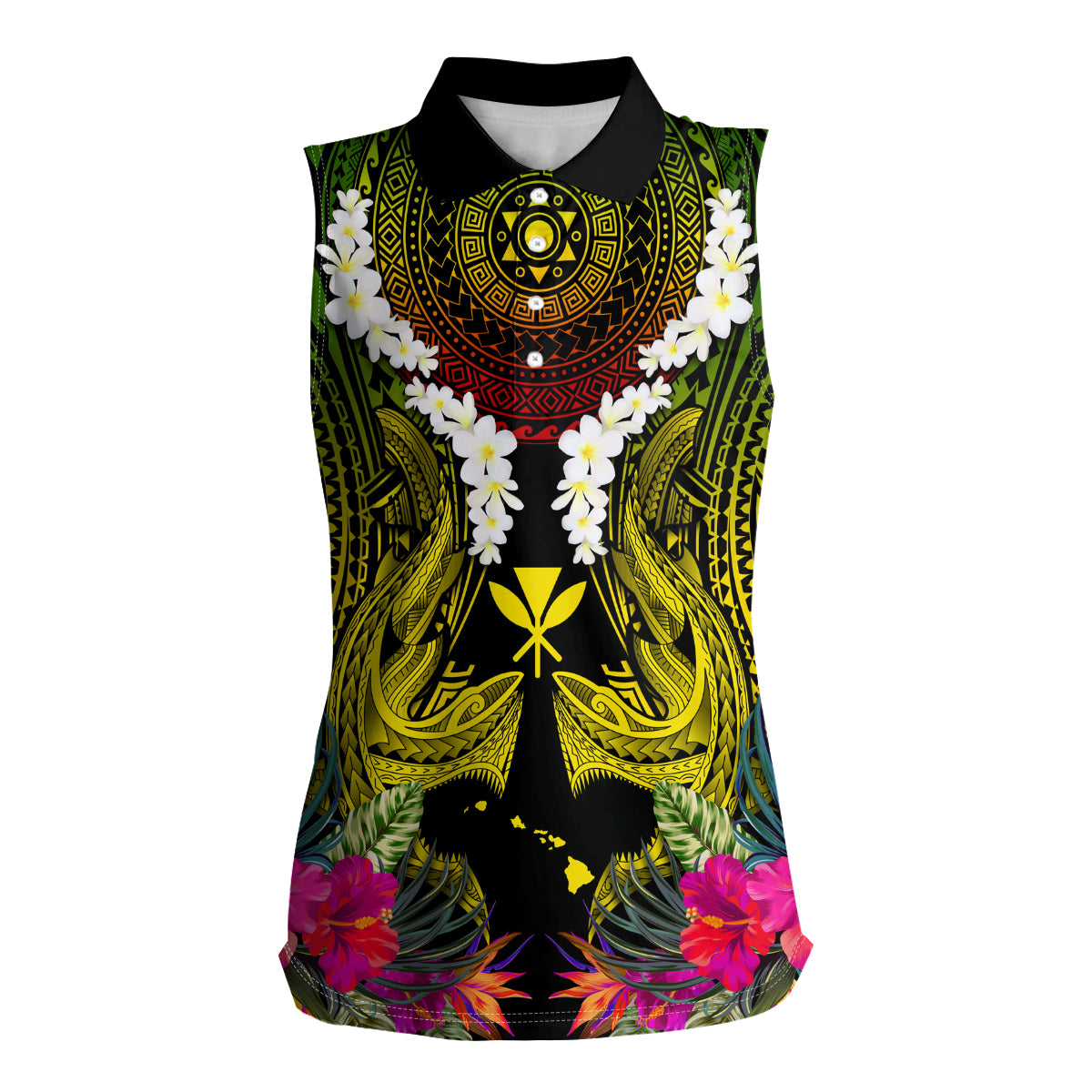 Hawaii Kanaka Maoli Women Sleeveless Polo Shirt Double Shark and Hibiscus Flowers