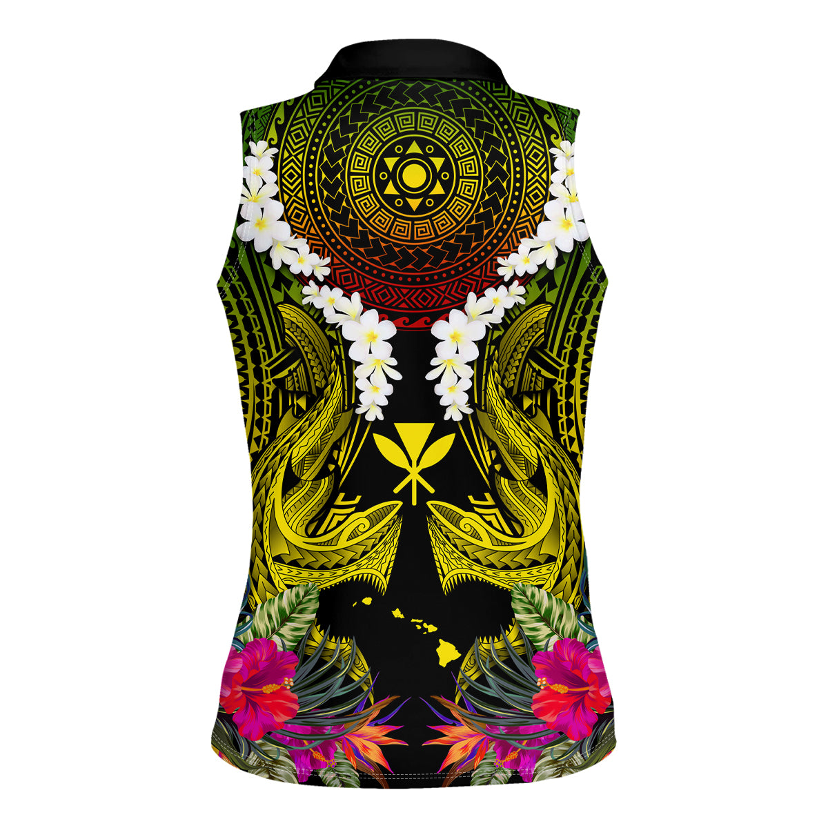 Hawaii Kanaka Maoli Women Sleeveless Polo Shirt Double Shark and Hibiscus Flowers