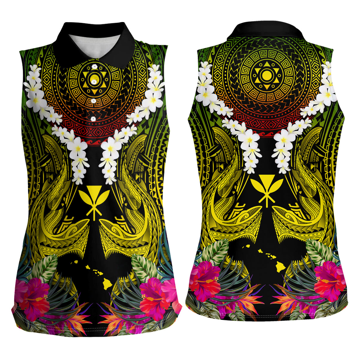 Hawaii Kanaka Maoli Women Sleeveless Polo Shirt Double Shark and Hibiscus Flowers