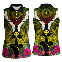 Hawaii Kanaka Maoli Women Sleeveless Polo Shirt Double Shark and Hibiscus Flowers