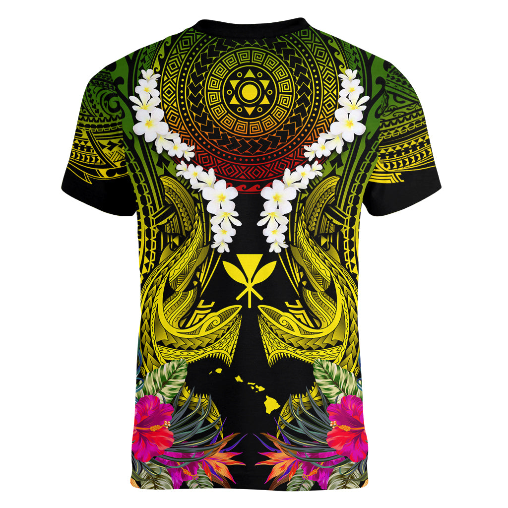 Hawaii Kanaka Maoli Women V-Neck T-Shirt Double Shark and Hibiscus Flowers