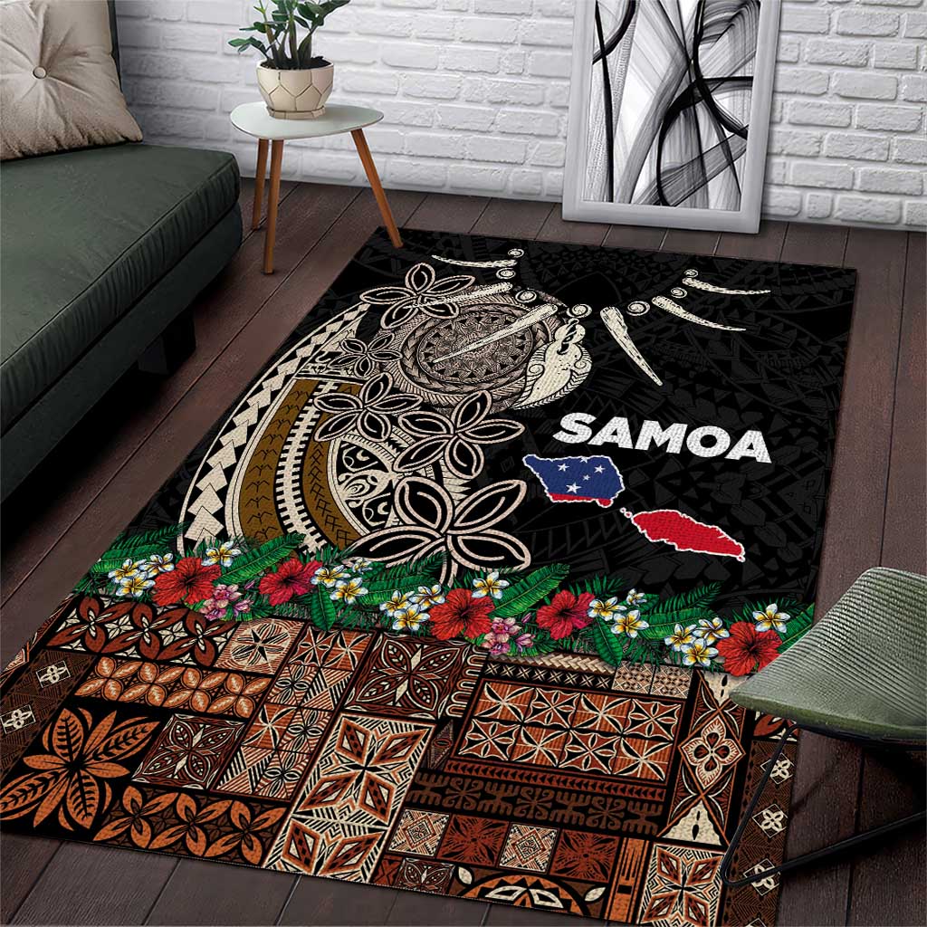 Samoa Siapo Polynesian Art Area Rug Tropical Flowers and Tatau Pattern Brown