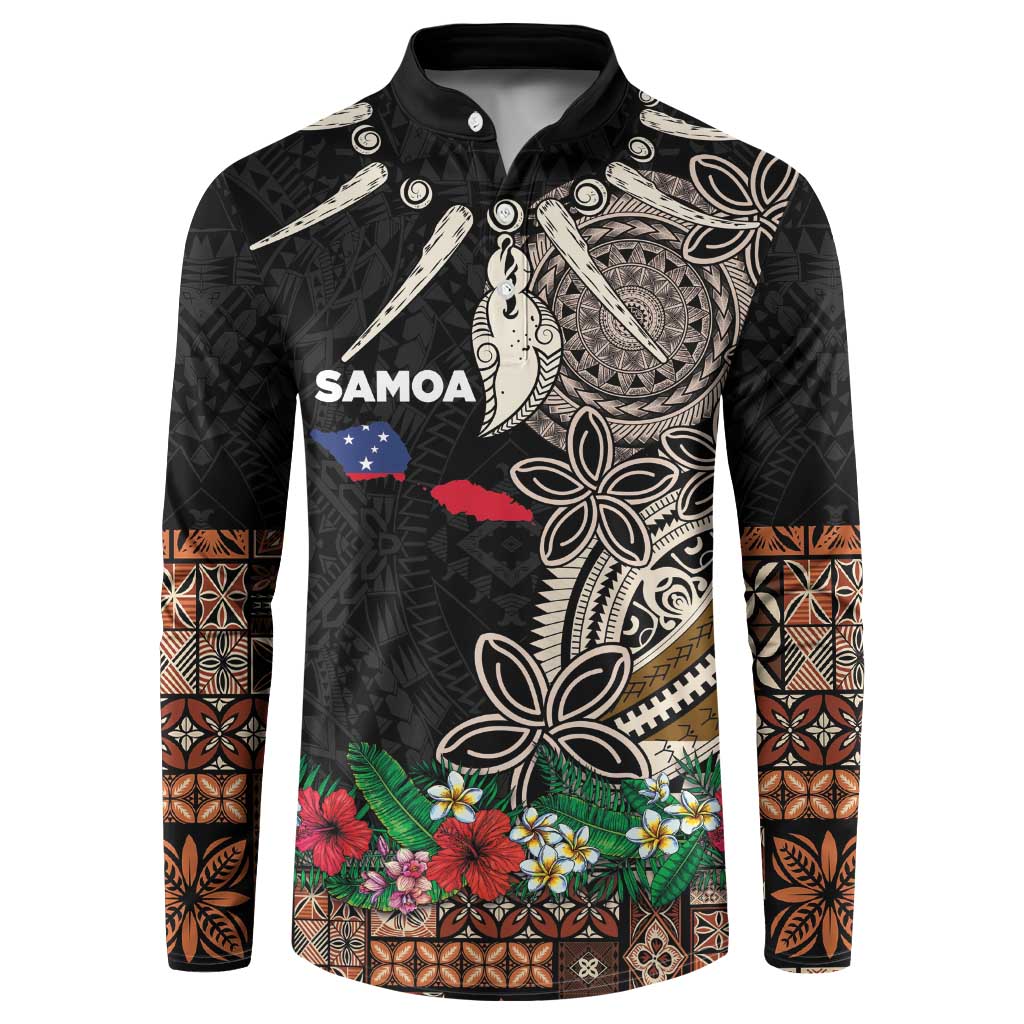 Samoa Siapo Polynesian Art Button Sweatshirt Tropical Flowers and Tatau Pattern Brown LT03 Brown - Polynesian Pride
