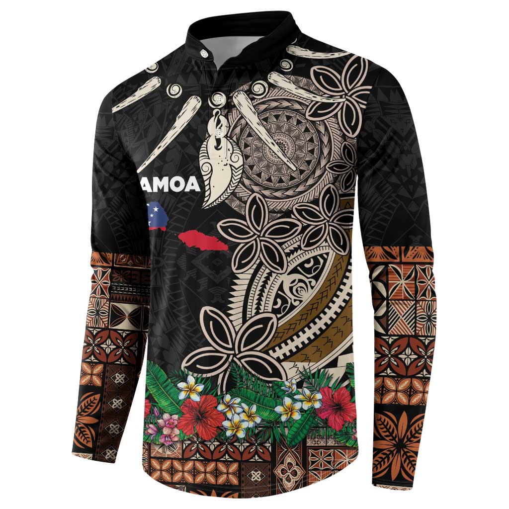 Samoa Siapo Polynesian Art Button Sweatshirt Tropical Flowers and Tatau Pattern Brown LT03 - Polynesian Pride