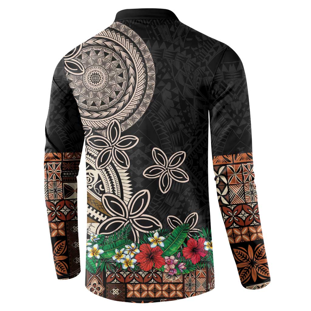 Samoa Siapo Polynesian Art Button Sweatshirt Tropical Flowers and Tatau Pattern Brown LT03 - Polynesian Pride