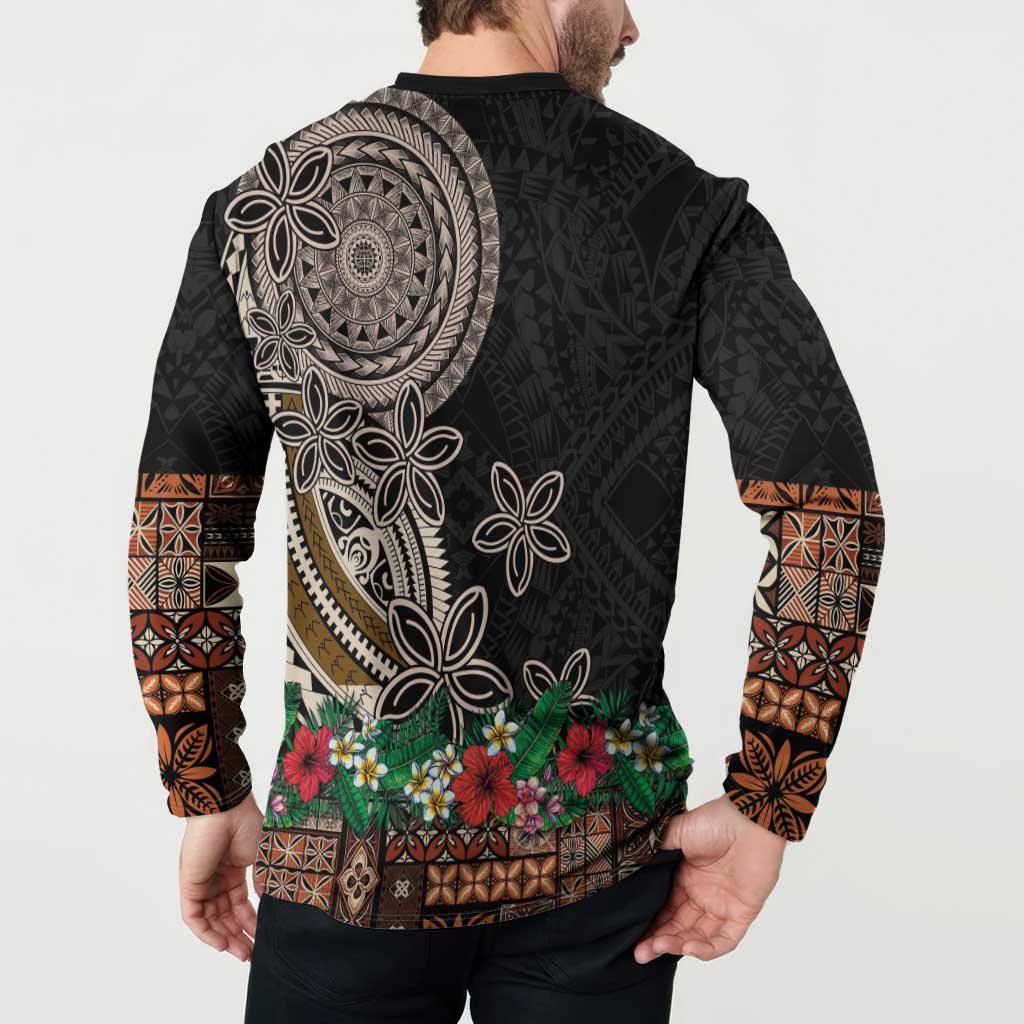 Samoa Siapo Polynesian Art Button Sweatshirt Tropical Flowers and Tatau Pattern Brown LT03 - Polynesian Pride