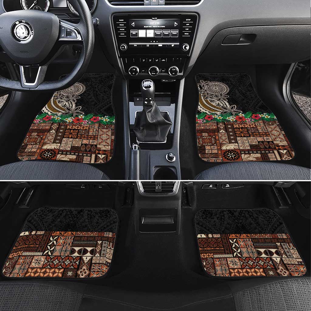 Samoa Siapo Polynesian Art Car Mats Tropical Flowers and Tatau Pattern Brown LT03 Set 4pcs Brown - Polynesian Pride