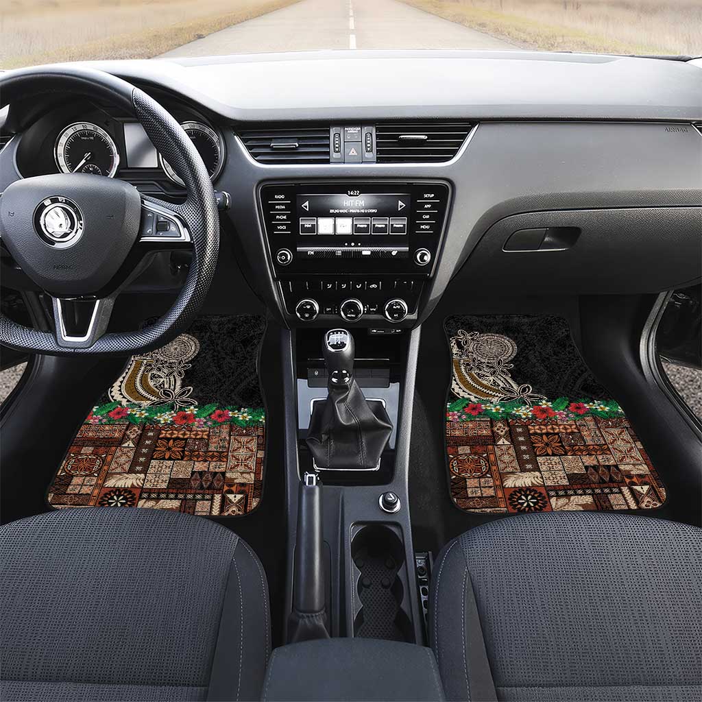 Samoa Siapo Polynesian Art Car Mats Tropical Flowers and Tatau Pattern Brown LT03 Set 2pcs - Front Brown - Polynesian Pride