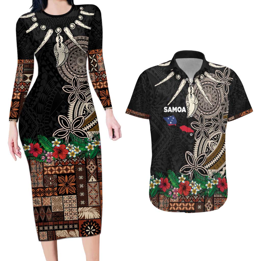 Samoa Siapo Polynesian Art Couples Matching Long Sleeve Bodycon Dress and Hawaiian Shirt Tropical Flowers and Tatau Pattern Brown LT03 Brown - Polynesian Pride