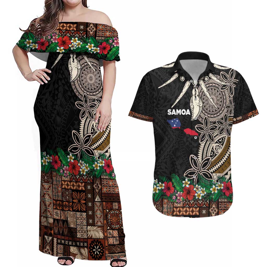 Samoa Siapo Polynesian Art Couples Matching Off Shoulder Maxi Dress and Hawaiian Shirt Tropical Flowers and Tatau Pattern Brown