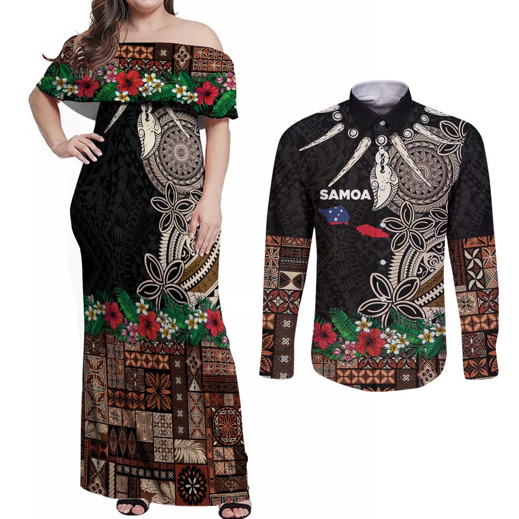 Samoa Siapo Polynesian Art Couples Matching Off Shoulder Maxi Dress and Long Sleeve Button Shirt Tropical Flowers and Tatau Pattern Brown LT03 Brown - Polynesian Pride
