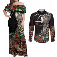 Samoa Siapo Polynesian Art Couples Matching Off Shoulder Maxi Dress and Long Sleeve Button Shirt Tropical Flowers and Tatau Pattern Brown LT03 Brown - Polynesian Pride