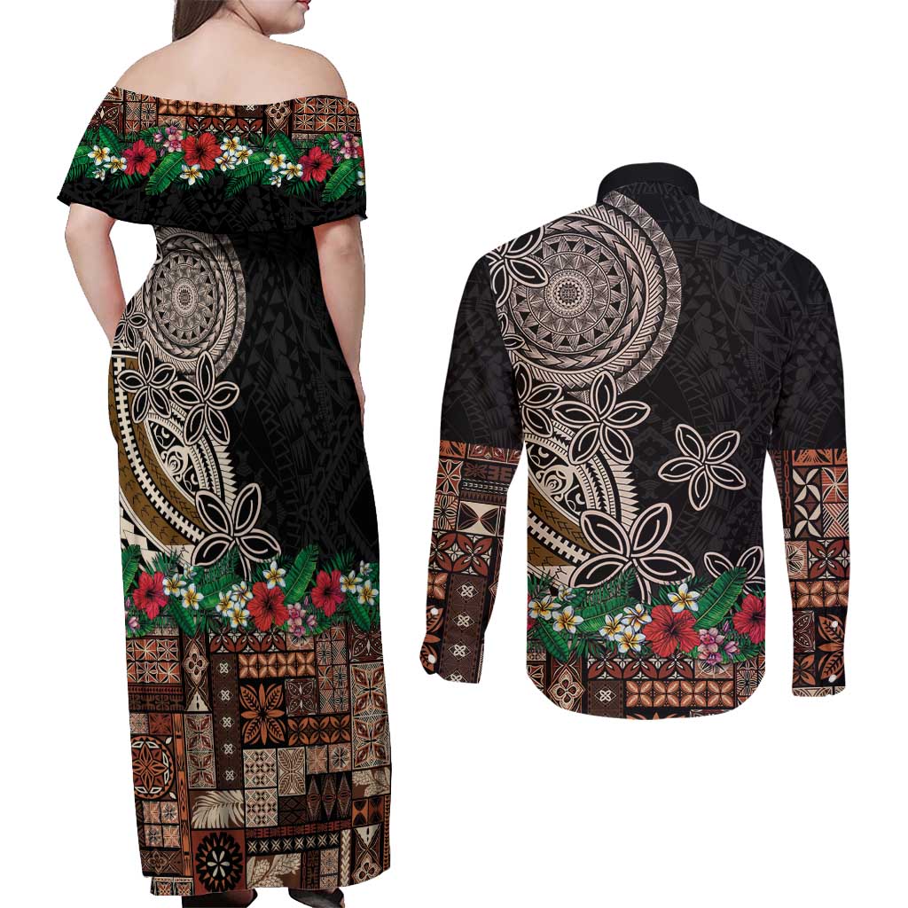 Samoa Siapo Polynesian Art Couples Matching Off Shoulder Maxi Dress and Long Sleeve Button Shirt Tropical Flowers and Tatau Pattern Brown LT03 - Polynesian Pride
