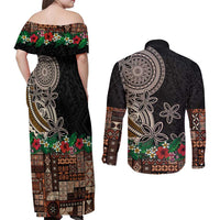Samoa Siapo Polynesian Art Couples Matching Off Shoulder Maxi Dress and Long Sleeve Button Shirt Tropical Flowers and Tatau Pattern Brown LT03 - Polynesian Pride