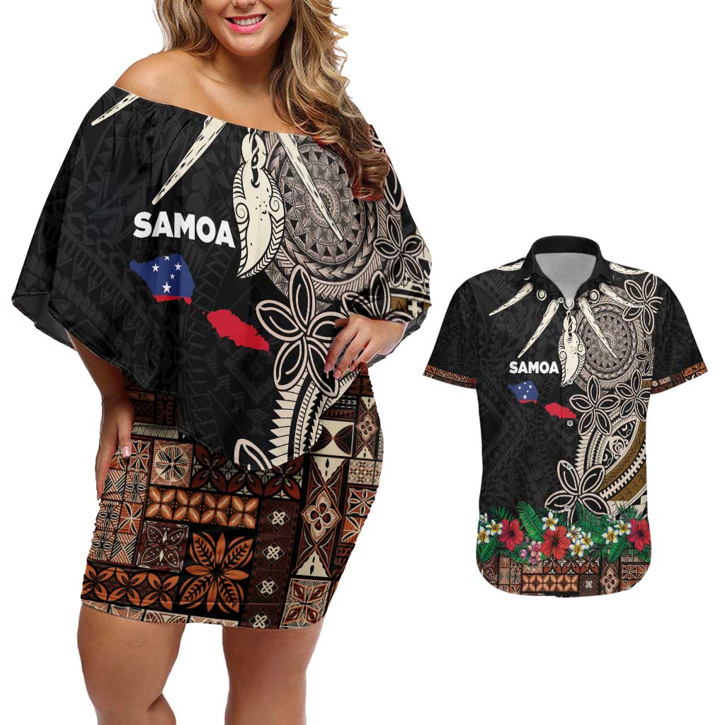 Samoa Siapo Polynesian Art Couples Matching Off Shoulder Short Dress and Hawaiian Shirt Tropical Flowers and Tatau Pattern Brown LT03 Brown - Polynesian Pride