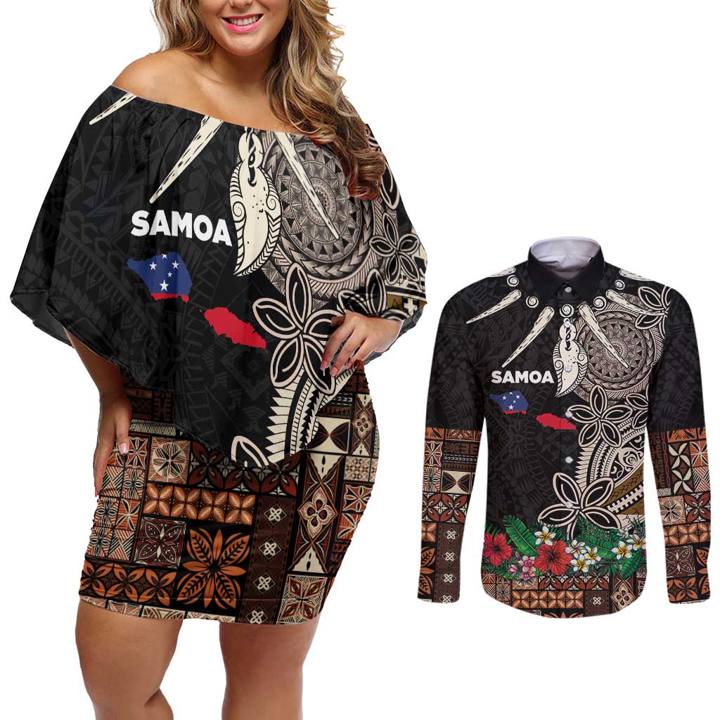 Samoa Siapo Polynesian Art Couples Matching Off Shoulder Short Dress and Long Sleeve Button Shirt Tropical Flowers and Tatau Pattern Brown LT03 Brown - Polynesian Pride