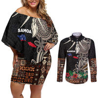 Samoa Siapo Polynesian Art Couples Matching Off Shoulder Short Dress and Long Sleeve Button Shirt Tropical Flowers and Tatau Pattern Brown LT03 Brown - Polynesian Pride