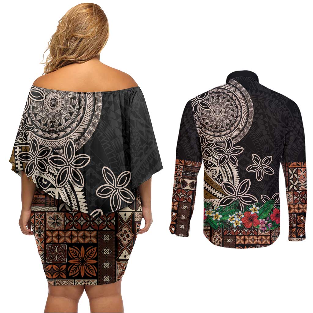 Samoa Siapo Polynesian Art Couples Matching Off Shoulder Short Dress and Long Sleeve Button Shirt Tropical Flowers and Tatau Pattern Brown LT03 - Polynesian Pride