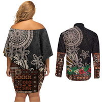 Samoa Siapo Polynesian Art Couples Matching Off Shoulder Short Dress and Long Sleeve Button Shirt Tropical Flowers and Tatau Pattern Brown LT03 - Polynesian Pride